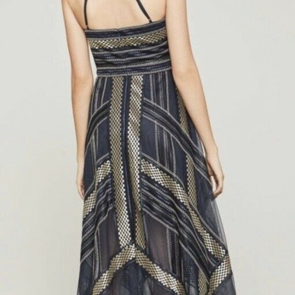 BCBG Metallic Navy Gold Handkerchief Dress Size 2 - Picture 3 of 10